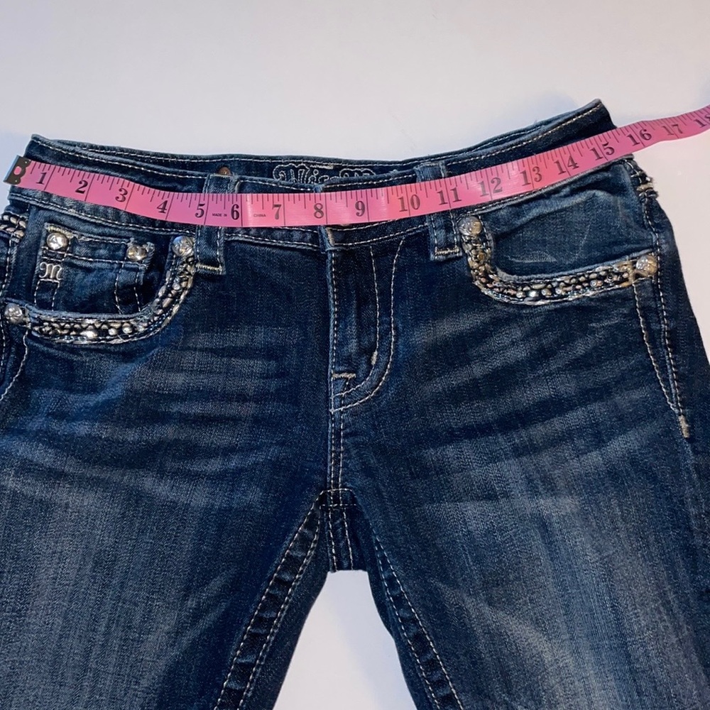 MISS ME 27 Signature Boot-cut distressed 5 Pocket Jeans Low Rise Factory Fading - Picture 5 of 16